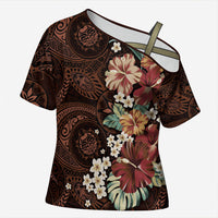Kanoa Hawai'i Hibiscus Cross Shoulder Shirt Polynesian Tribal Tattoo Pattern Floral Elements LT9 Female Brown - Polynesian Pride