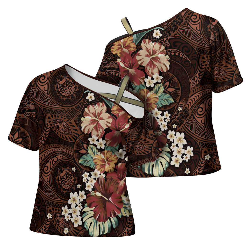 Kanoa Hawai'i Hibiscus Cross Shoulder Shirt Polynesian Tribal Tattoo Pattern Floral Elements LT9 - Polynesian Pride