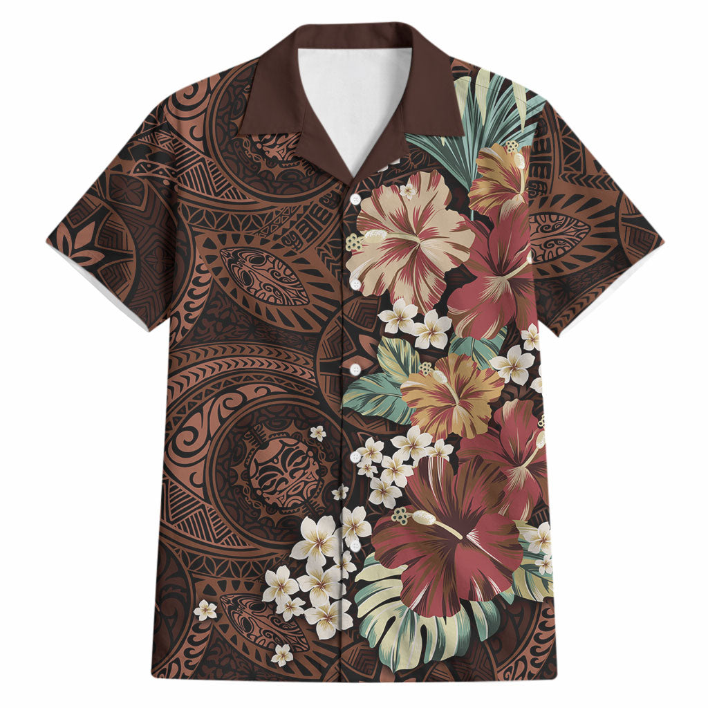 Kanoa Hawai'i Hibiscus Hawaiian Shirt Polynesian Tribal Tattoo Pattern Floral Elements LT9 Brown - Polynesian Pride
