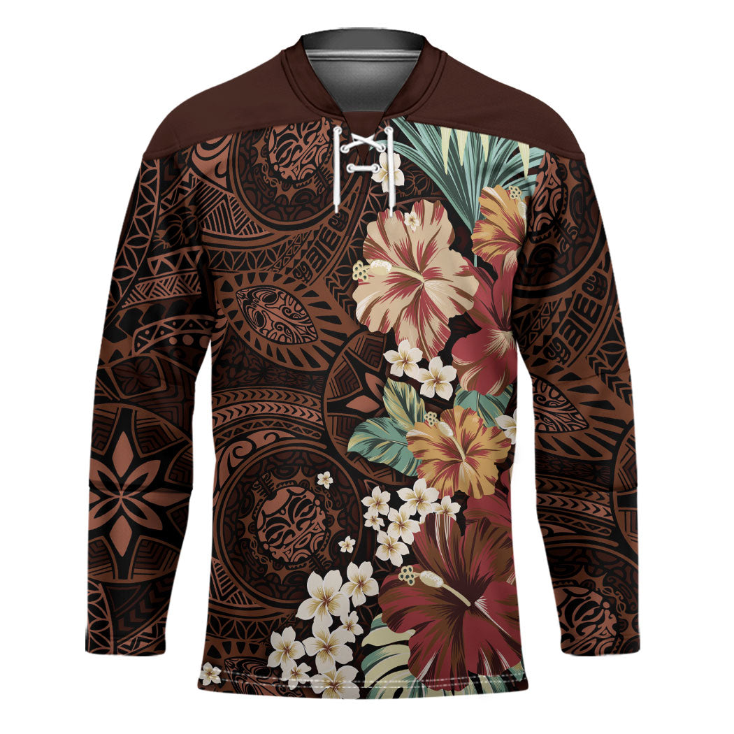 Kanoa Hawai'i Hibiscus Hockey Jersey Polynesian Tribal Tattoo Pattern Floral Elements LT9 Unisex Brown - Polynesian Pride