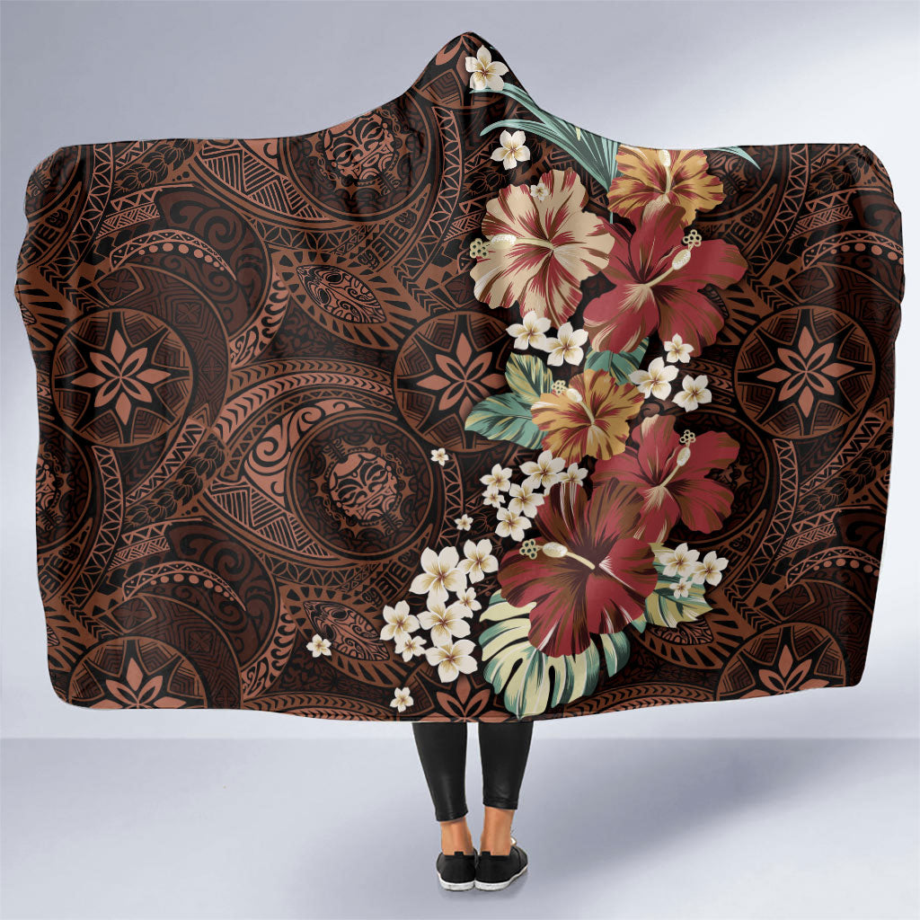 Kanoa Hawai'i Hibiscus Hooded Blanket Polynesian Tribal Tattoo Pattern Floral Elements LT9 One Size Brown - Polynesian Pride