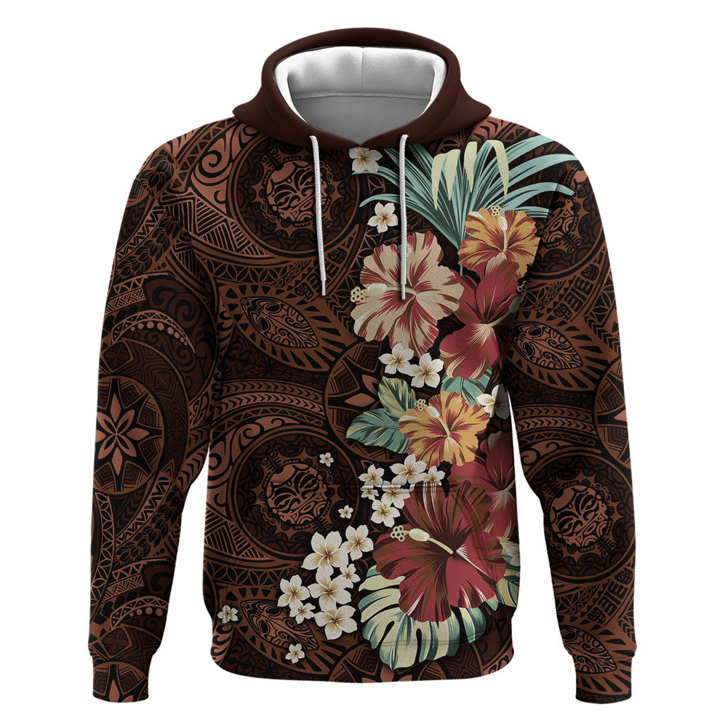 Kanoa Hawai'i Hibiscus Hoodie Polynesian Tribal Tattoo Pattern Floral Elements LT9 Pullover Hoodie Brown - Polynesian Pride