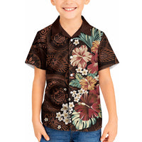Kanoa Hawai'i Hibiscus Kid Hawaiian Shirt Polynesian Tribal Tattoo Pattern Floral Elements LT9 Kid Brown - Polynesian Pride