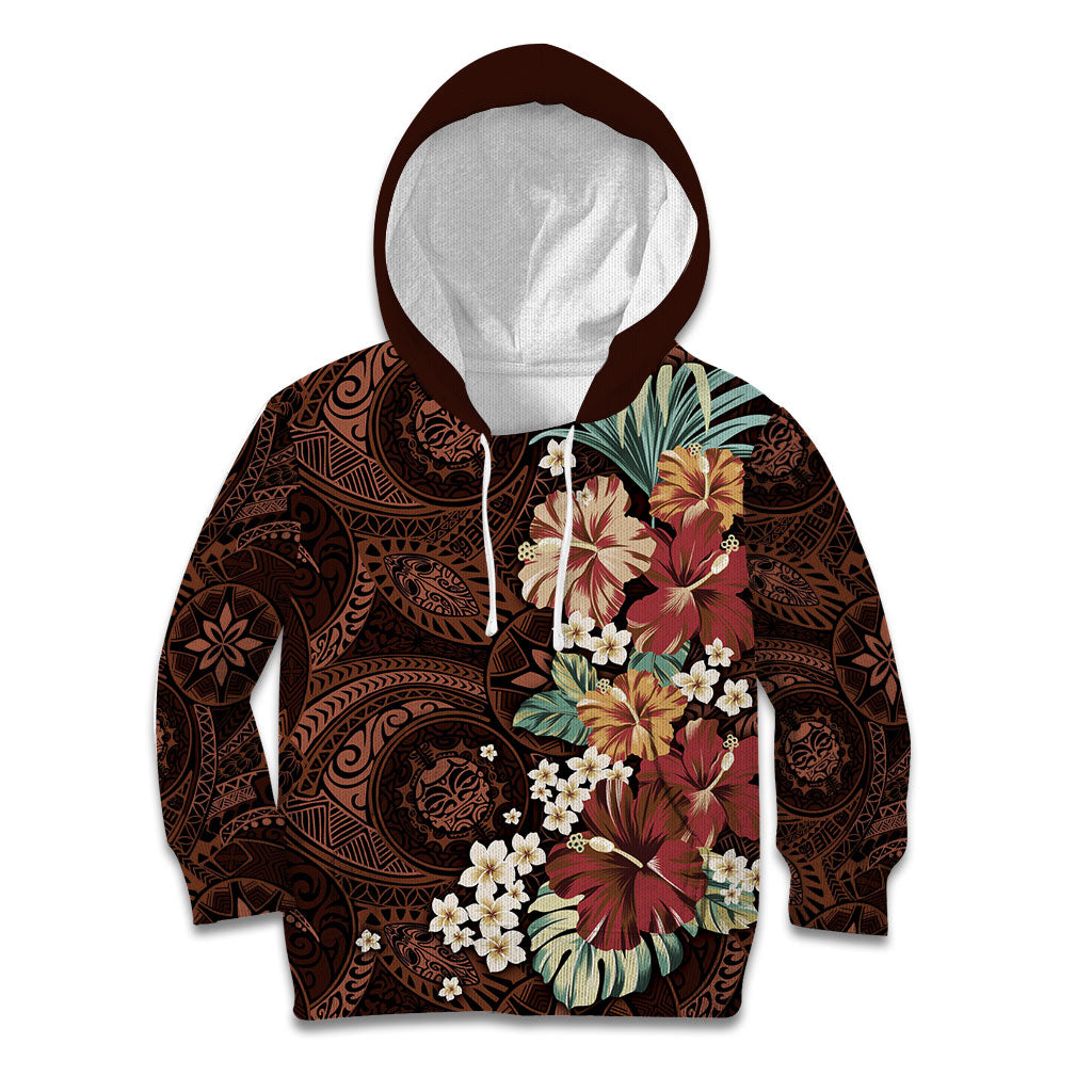 Kanoa Hawai'i Hibiscus Kid Hoodie Polynesian Tribal Tattoo Pattern Floral Elements LT9 Hoodie Brown - Polynesian Pride