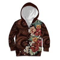 Kanoa Hawai'i Hibiscus Kid Hoodie Polynesian Tribal Tattoo Pattern Floral Elements LT9 Zip Hoodie Brown - Polynesian Pride