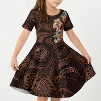 Kanoa Hawai'i Hibiscus Kid Short Sleeve Dress Polynesian Tribal Tattoo Pattern Floral Elements LT9 KID Brown - Polynesian Pride