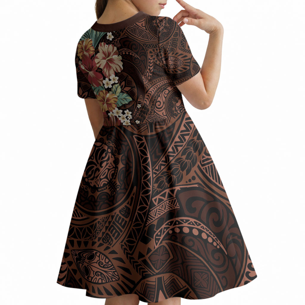 Kanoa Hawai'i Hibiscus Kid Short Sleeve Dress Polynesian Tribal Tattoo Pattern Floral Elements LT9 - Polynesian Pride