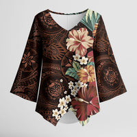 Kanoa Hawai'i Hibiscus Kimono Sleeve Blouse Polynesian Tribal Tattoo Pattern Floral Elements LT9 Female Brown - Polynesian Pride