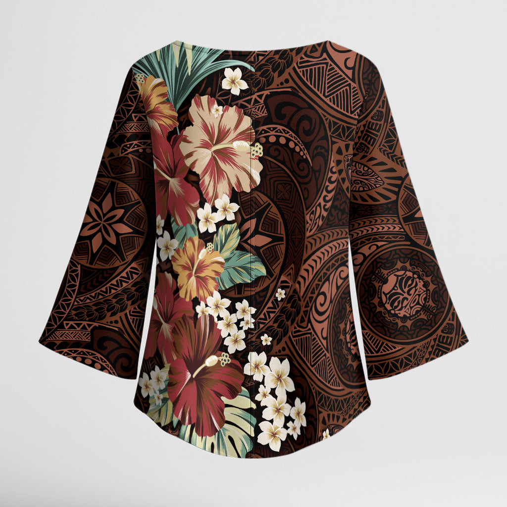 Kanoa Hawai'i Hibiscus Kimono Sleeve Blouse Polynesian Tribal Tattoo Pattern Floral Elements LT9 - Polynesian Pride