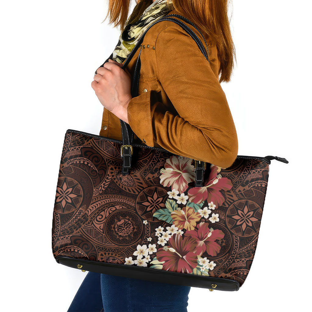 Kanoa Hawai'i Hibiscus Leather Tote Bag Polynesian Tribal Tattoo Pattern Floral Elements LT9 Brown - Polynesian Pride