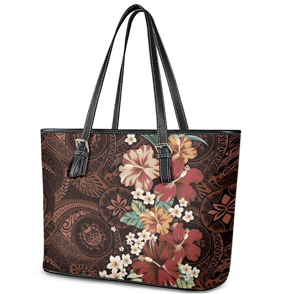 Kanoa Hawai'i Hibiscus Leather Tote Bag Polynesian Tribal Tattoo Pattern Floral Elements LT9 - Polynesian Pride
