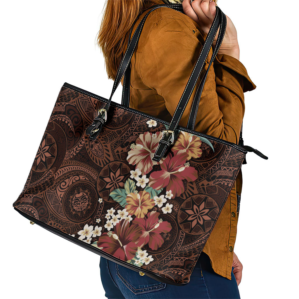 Kanoa Hawai'i Hibiscus Leather Tote Bag Polynesian Tribal Tattoo Pattern Floral Elements LT9 - Polynesian Pride