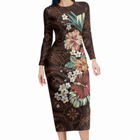 Kanoa Hawai'i Hibiscus Long Sleeve Bodycon Dress Polynesian Tribal Tattoo Pattern Floral Elements LT9 Long Dress Brown - Polynesian Pride