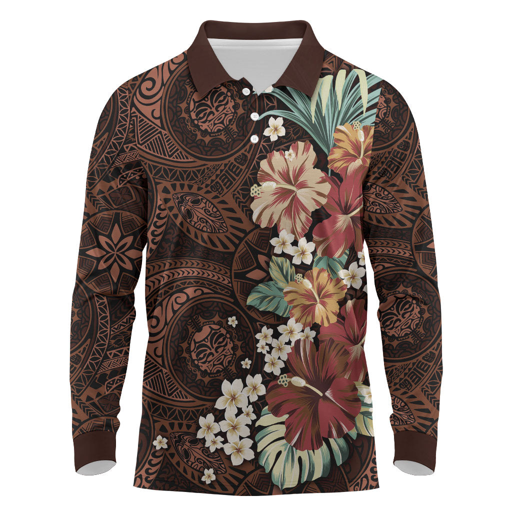 Kanoa Hawai'i Hibiscus Long Sleeve Polo Shirt Polynesian Tribal Tattoo Pattern Floral Elements LT9 Brown - Polynesian Pride