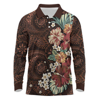 Kanoa Hawai'i Hibiscus Long Sleeve Polo Shirt Polynesian Tribal Tattoo Pattern Floral Elements LT9 Brown - Polynesian Pride