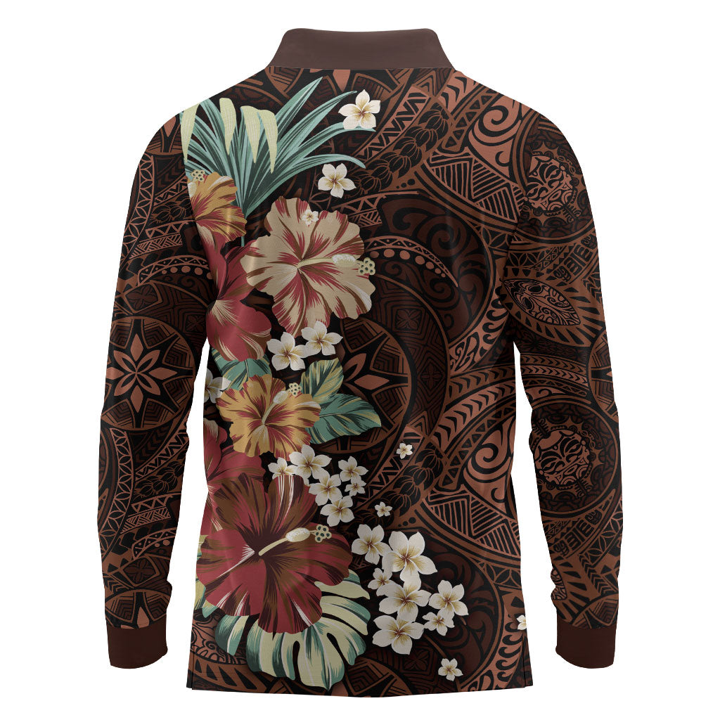 Kanoa Hawai'i Hibiscus Long Sleeve Polo Shirt Polynesian Tribal Tattoo Pattern Floral Elements LT9 - Polynesian Pride