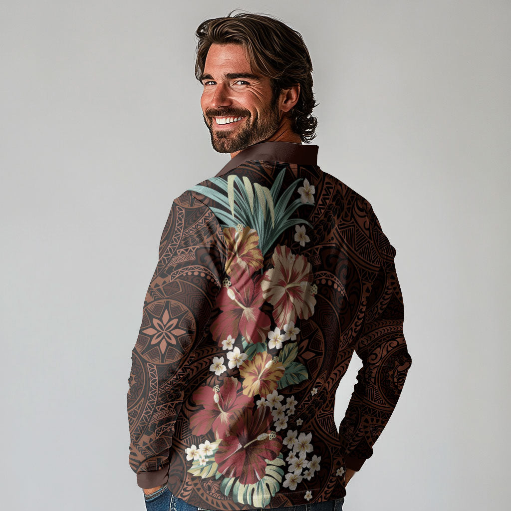 Kanoa Hawai'i Hibiscus Long Sleeve Polo Shirt Polynesian Tribal Tattoo Pattern Floral Elements LT9 - Polynesian Pride