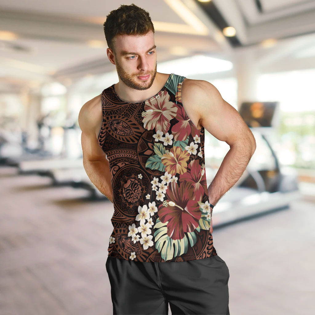 Kanoa Hawai'i Hibiscus Men Tank Top Polynesian Tribal Tattoo Pattern Floral Elements LT9 Brown - Polynesian Pride