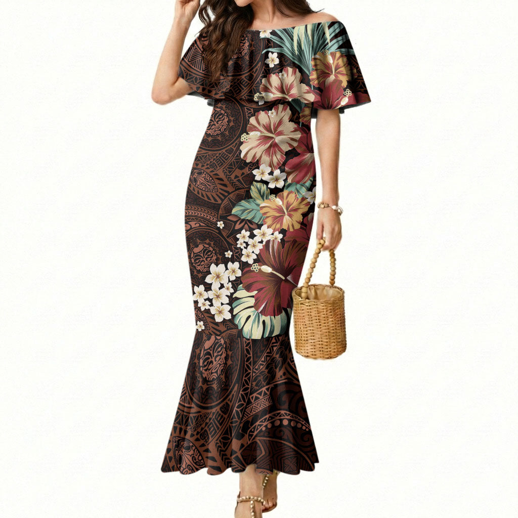 Kanoa Hawai'i Hibiscus Mermaid Dress Polynesian Tribal Tattoo Pattern Floral Elements LT9 Women Brown - Polynesian Pride