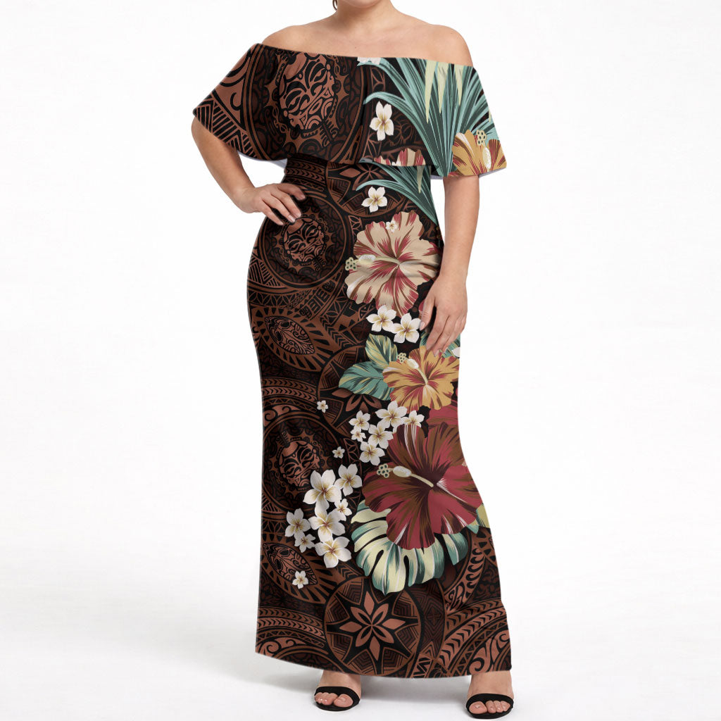 Kanoa Hawai'i Hibiscus Off Shoulder Maxi Dress Polynesian Tribal Tattoo Pattern Floral Elements LT9 Women Brown - Polynesian Pride