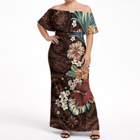 Kanoa Hawai'i Hibiscus Off Shoulder Maxi Dress Polynesian Tribal Tattoo Pattern Floral Elements LT9 Women Brown - Polynesian Pride