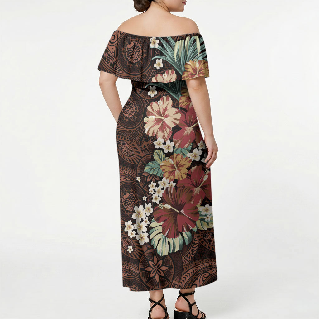 Kanoa Hawai'i Hibiscus Off Shoulder Maxi Dress Polynesian Tribal Tattoo Pattern Floral Elements LT9 - Polynesian Pride
