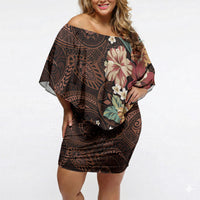 Kanoa Hawai'i Hibiscus Off Shoulder Short Dress Polynesian Tribal Tattoo Pattern Floral Elements LT9 Women Brown - Polynesian Pride