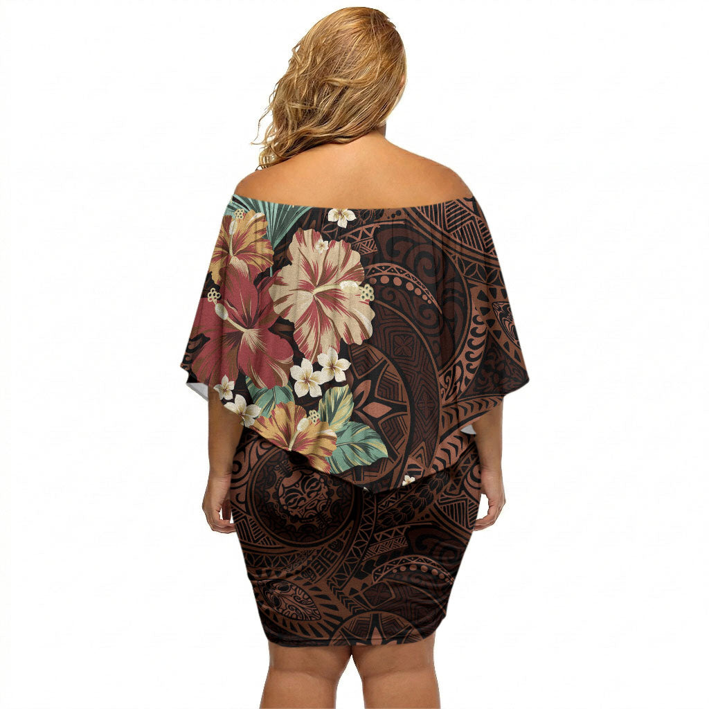 Kanoa Hawai'i Hibiscus Off Shoulder Short Dress Polynesian Tribal Tattoo Pattern Floral Elements LT9 - Polynesian Pride
