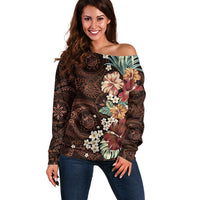 Kanoa Hawai'i Hibiscus Off Shoulder Sweater Polynesian Tribal Tattoo Pattern Floral Elements LT9 Women Brown - Polynesian Pride