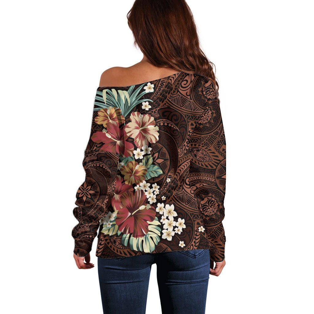 Kanoa Hawai'i Hibiscus Off Shoulder Sweater Polynesian Tribal Tattoo Pattern Floral Elements LT9 - Polynesian Pride