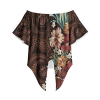 Kanoa Hawai'i Hibiscus Off Shoulder Wrap Waist Top Polynesian Tribal Tattoo Pattern Floral Elements LT9 Brown - Polynesian Pride
