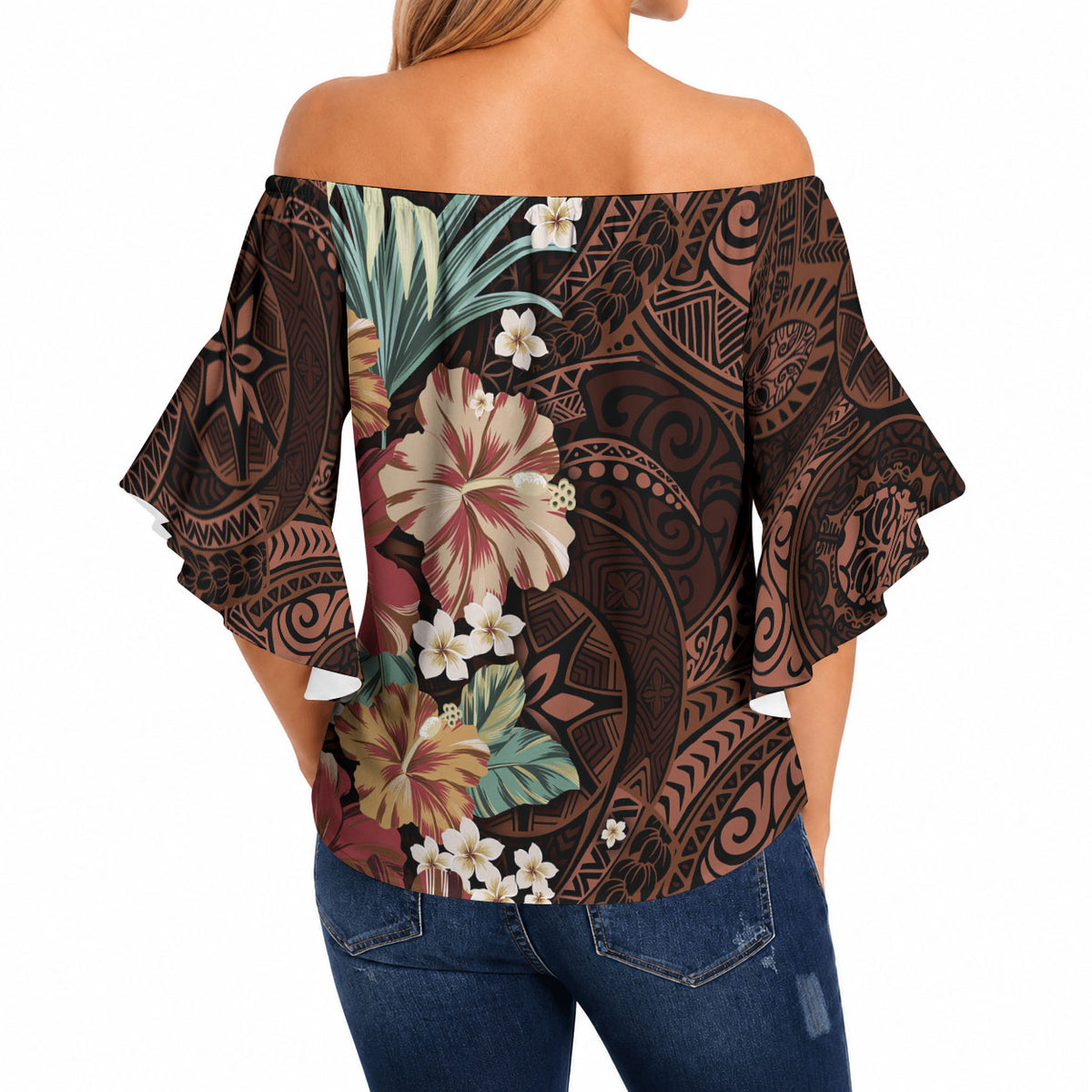 Kanoa Hawai'i Hibiscus Off Shoulder Wrap Waist Top Polynesian Tribal Tattoo Pattern Floral Elements LT9 - Polynesian Pride