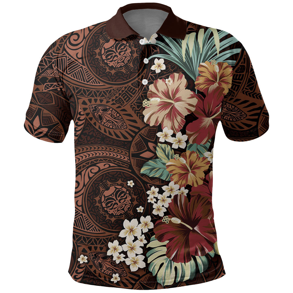 Kanoa Hawai'i Hibiscus Polo Shirt Polynesian Tribal Tattoo Pattern Floral Elements LT9 Brown - Polynesian Pride