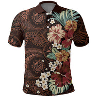 Kanoa Hawai'i Hibiscus Polo Shirt Polynesian Tribal Tattoo Pattern Floral Elements LT9 Brown - Polynesian Pride