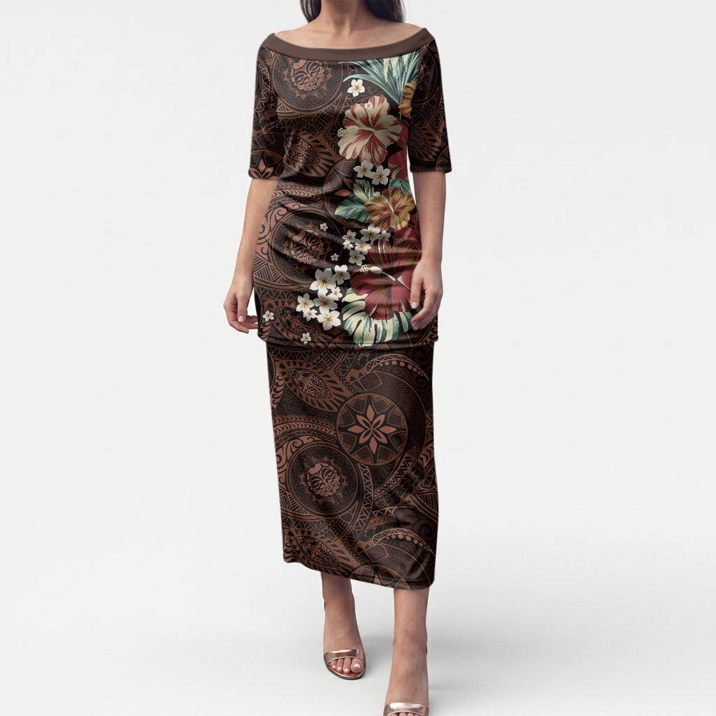 Kanoa Hawai'i Hibiscus Puletasi Polynesian Tribal Tattoo Pattern Floral Elements LT9 Long Dress Brown - Polynesian Pride