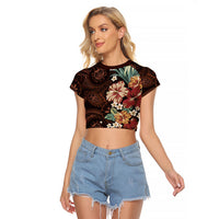 Kanoa Hawai'i Hibiscus Raglan Cropped T Shirt Polynesian Tribal Tattoo Pattern Floral Elements LT9 Female Brown - Polynesian Pride