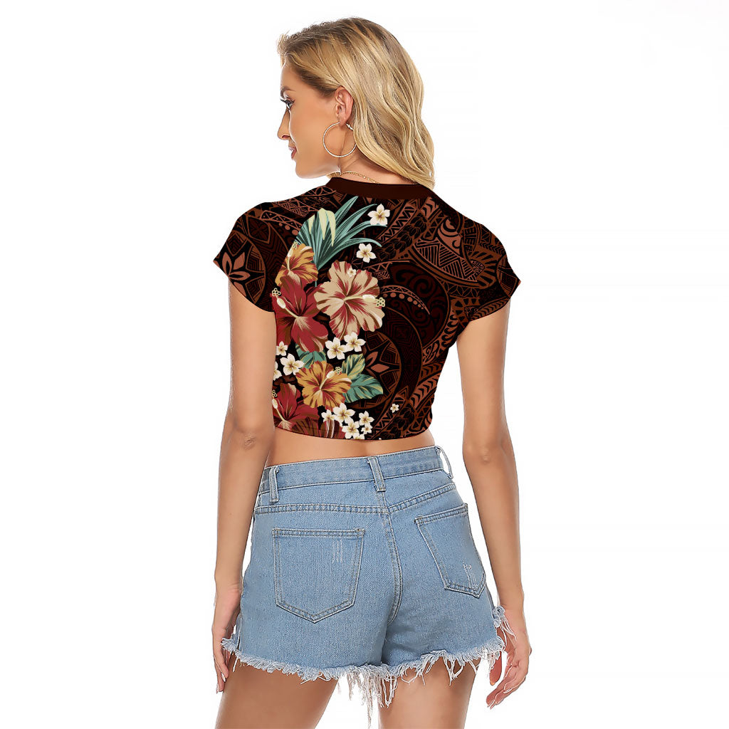 Kanoa Hawai'i Hibiscus Raglan Cropped T Shirt Polynesian Tribal Tattoo Pattern Floral Elements LT9 - Polynesian Pride