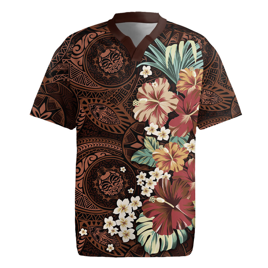Kanoa Hawai'i Hibiscus Rugby Jersey Polynesian Tribal Tattoo Pattern Floral Elements LT9 Brown - Polynesian Pride