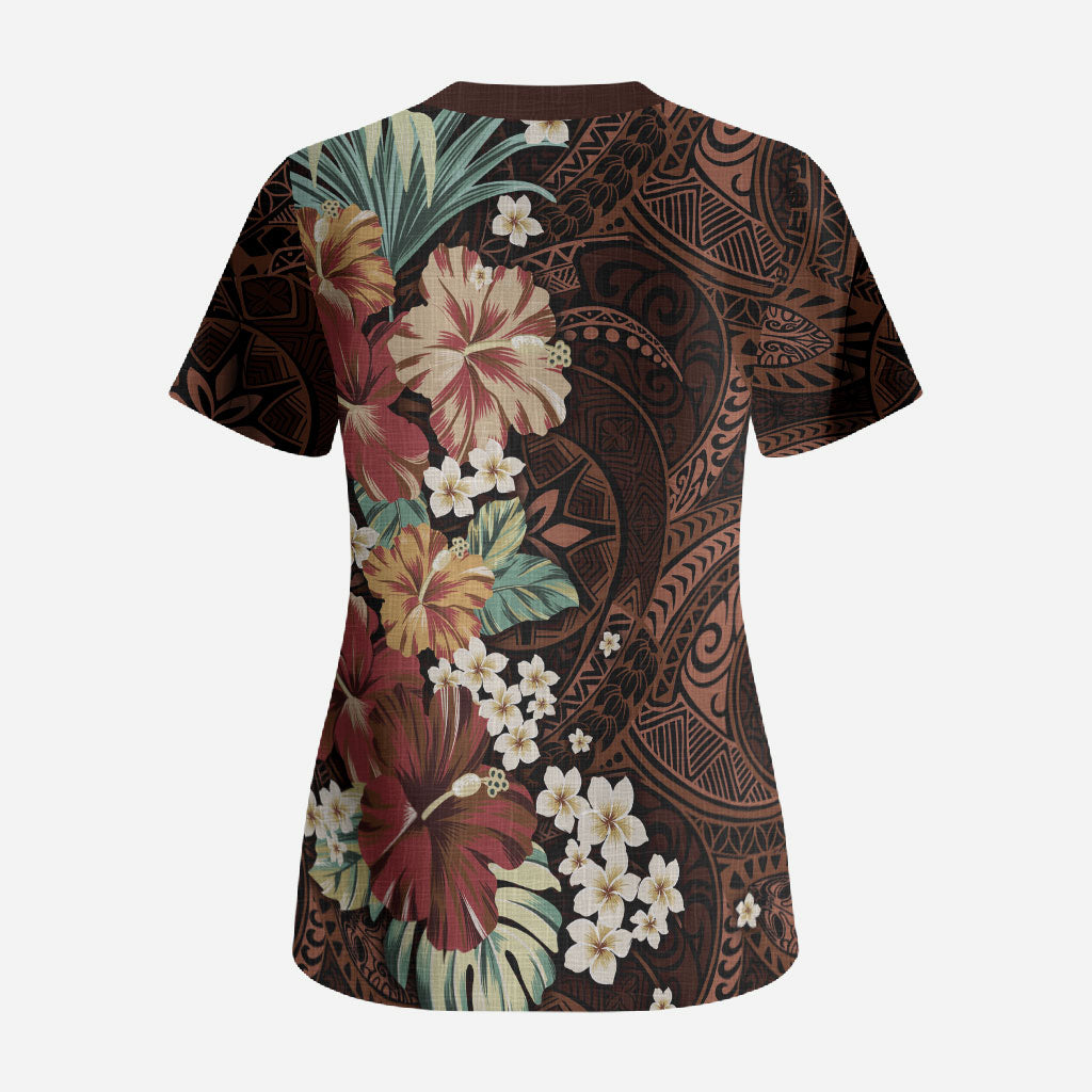 Kanoa Hawai'i Hibiscus Scrub Top Polynesian Tribal Tattoo Pattern Floral Elements LT9 - Polynesian Pride