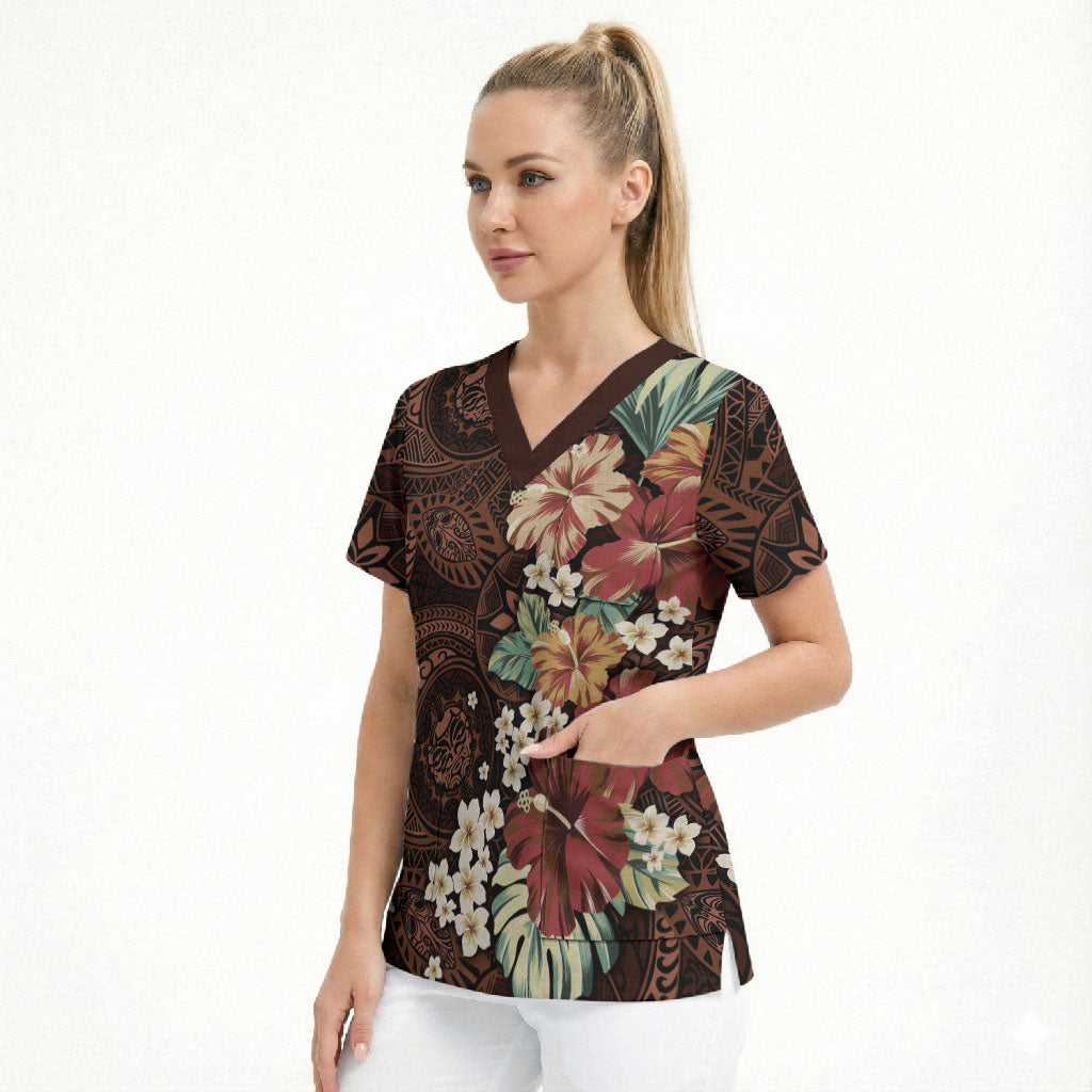 Kanoa Hawai'i Hibiscus Scrub Top Polynesian Tribal Tattoo Pattern Floral Elements LT9 - Polynesian Pride