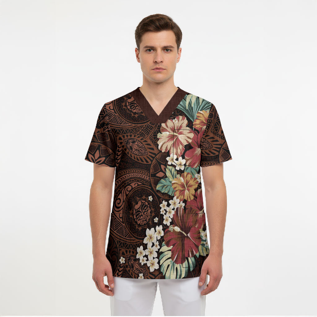 Kanoa Hawai'i Hibiscus Scrub Top Polynesian Tribal Tattoo Pattern Floral Elements LT9 - Polynesian Pride