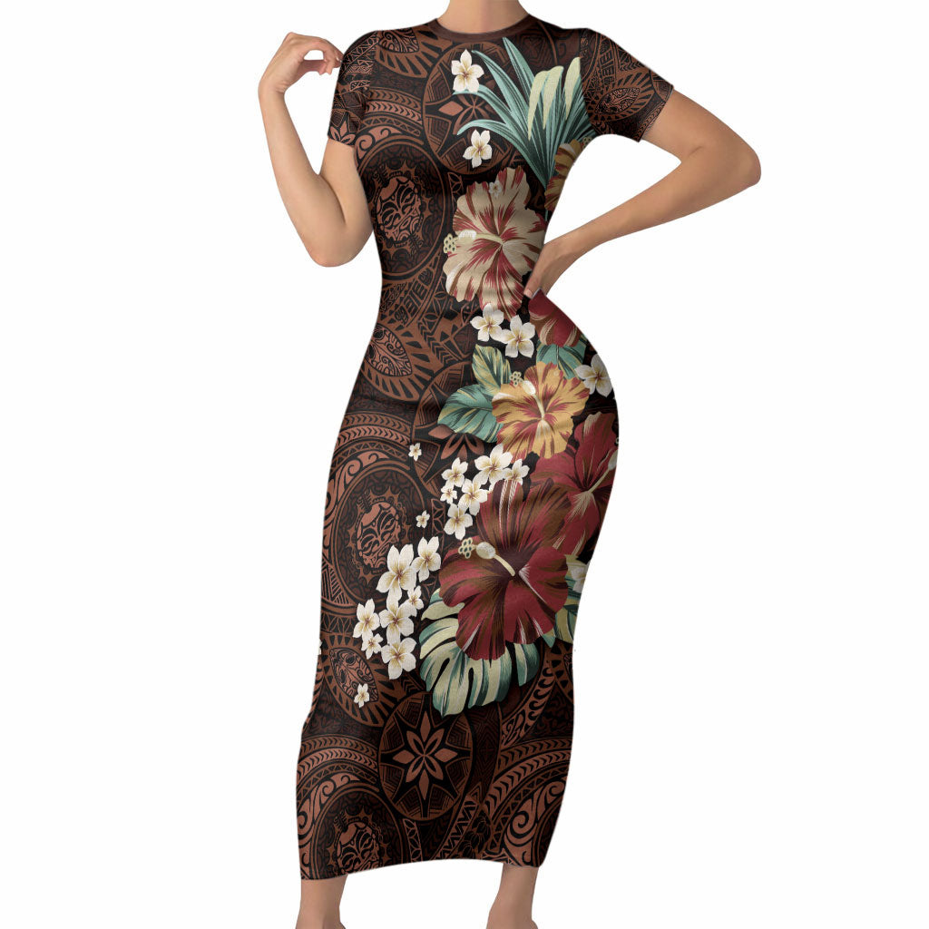 Kanoa Hawai'i Hibiscus Short Sleeve Bodycon Dress Polynesian Tribal Tattoo Pattern Floral Elements LT9 Long Dress Brown - Polynesian Pride