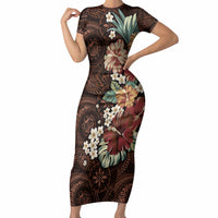 Kanoa Hawai'i Hibiscus Short Sleeve Bodycon Dress Polynesian Tribal Tattoo Pattern Floral Elements LT9 Long Dress Brown - Polynesian Pride