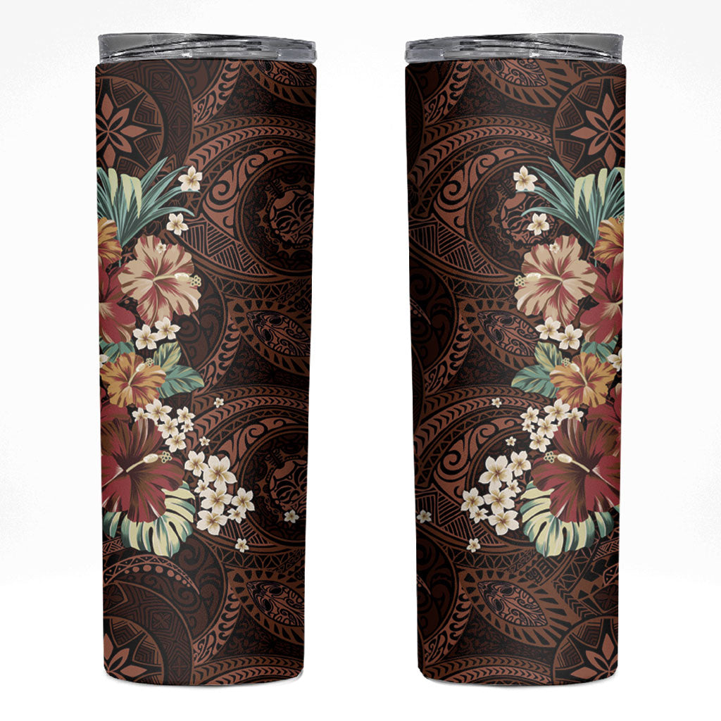 Kanoa Hawai'i Hibiscus Skinny Tumbler Polynesian Tribal Tattoo Pattern Floral Elements LT9 Brown - Polynesian Pride