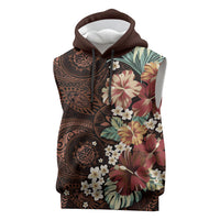 Kanoa Hawai'i Hibiscus Sleeveless Hoodie Polynesian Tribal Tattoo Pattern Floral Elements LT9 Brown - Polynesian Pride