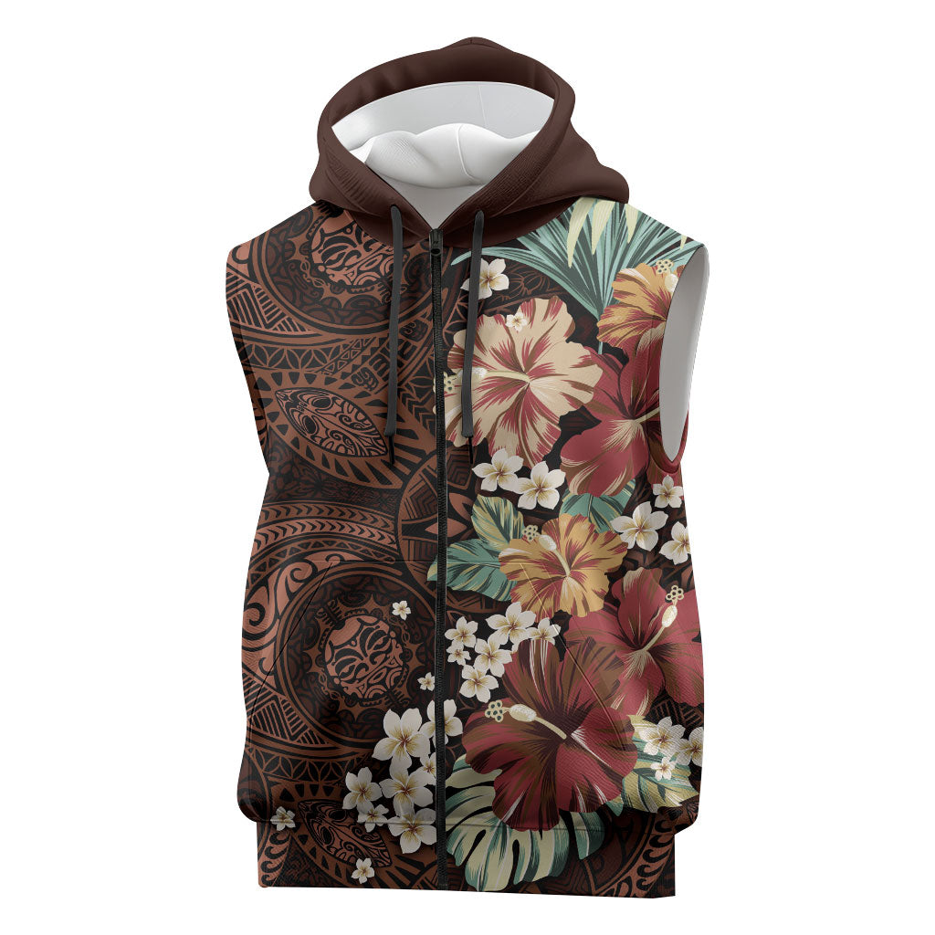 Kanoa Hawai'i Hibiscus Sleeveless Zip Hoodie Polynesian Tribal Tattoo Pattern Floral Elements LT9 Brown - Polynesian Pride