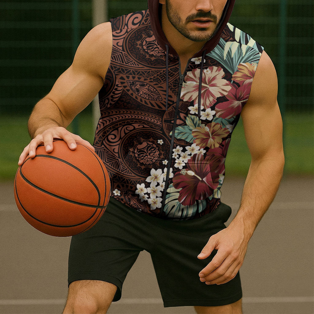 Kanoa Hawai'i Hibiscus Sleeveless Zip Hoodie Polynesian Tribal Tattoo Pattern Floral Elements LT9 - Polynesian Pride