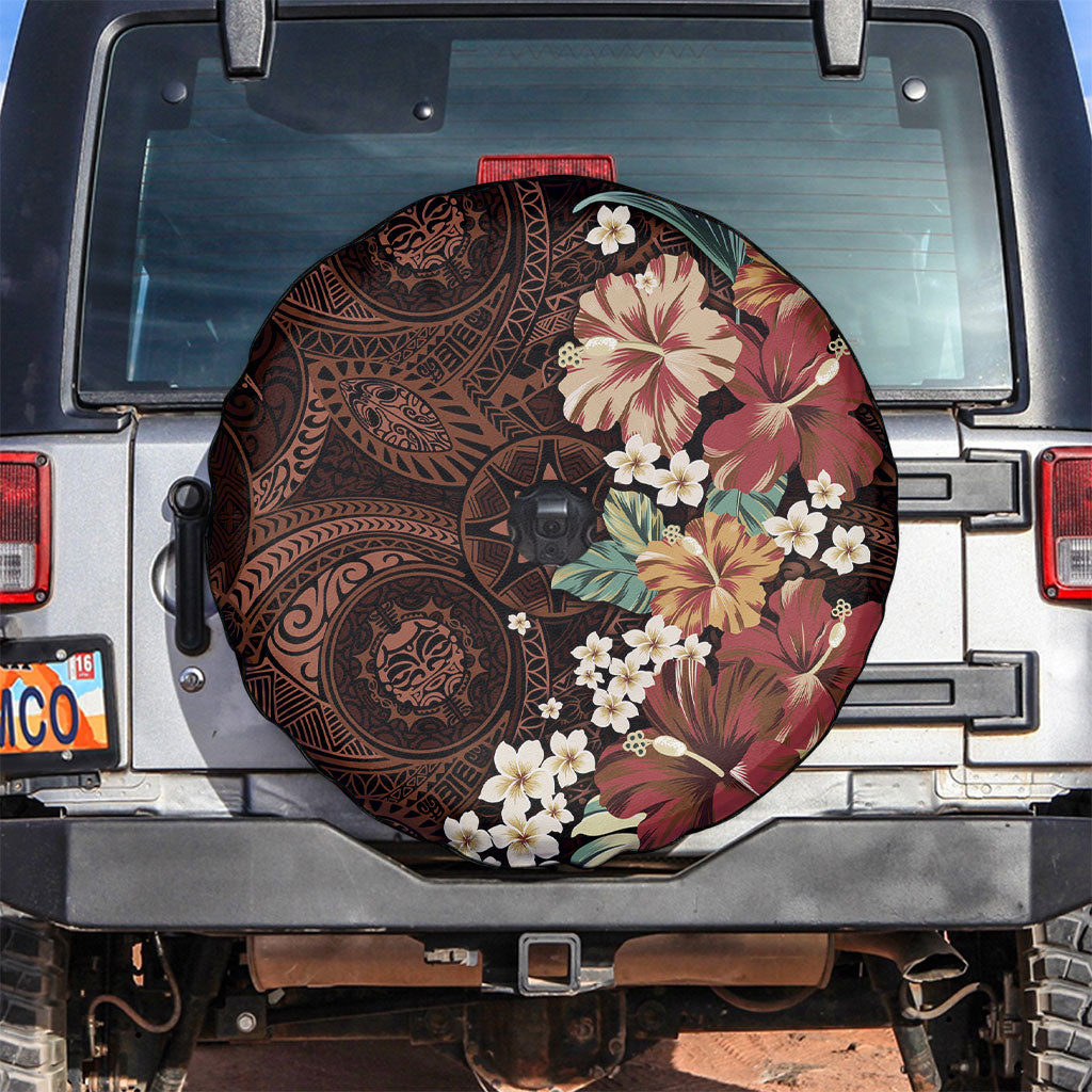 Kanoa Hawai'i Hibiscus Spare Tire Cover Polynesian Tribal Tattoo Pattern Floral Elements LT9 Brown - Polynesian Pride