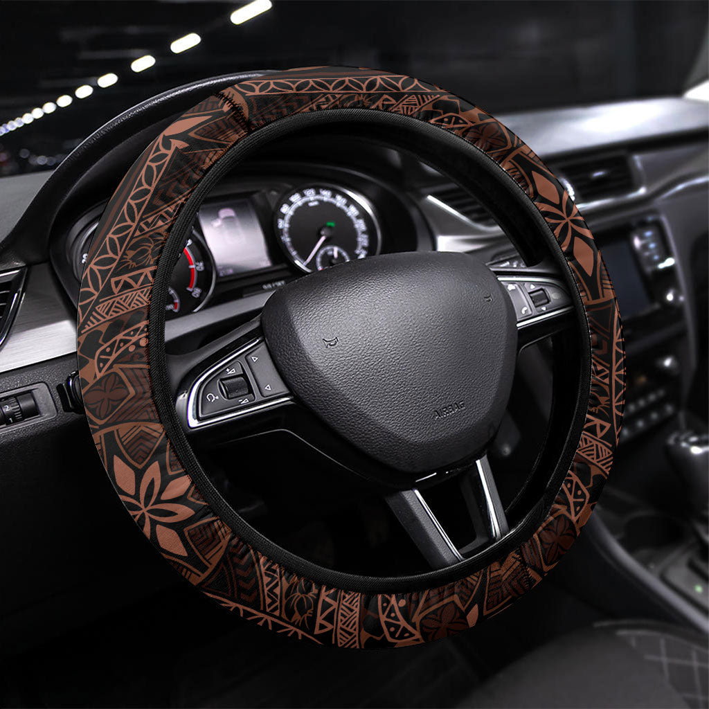 Kanoa Hawai'i Hibiscus Steering Wheel Cover Polynesian Tribal Tattoo Pattern Floral Elements LT9 Universal Fit Brown - Polynesian Pride