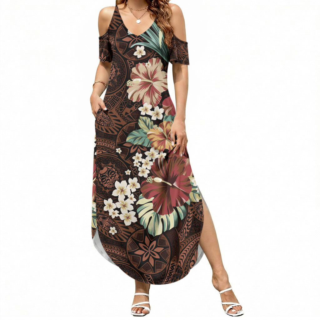 Kanoa Hawai'i Hibiscus Summer Maxi Dress Polynesian Tribal Tattoo Pattern Floral Elements LT9 Women Brown - Polynesian Pride
